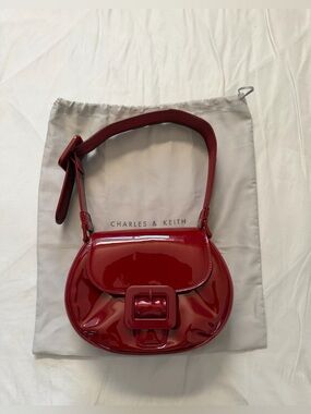 Charles & Keith Red Patent Shoulder Bag with Buckle Detail| BRAND NEW